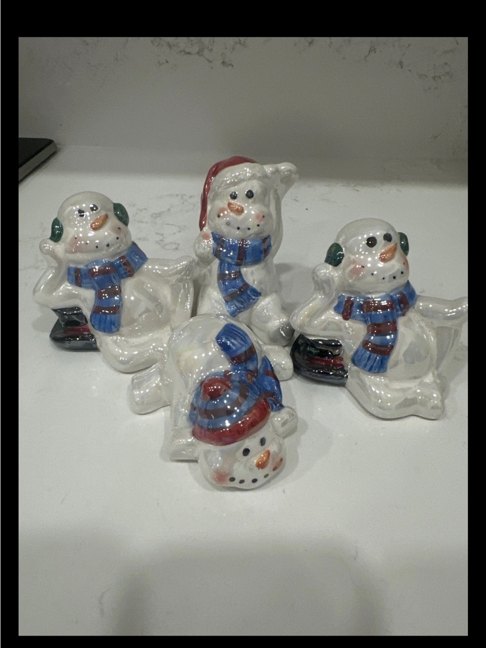 Iridescent Ceramic Snowmen Set Of 4